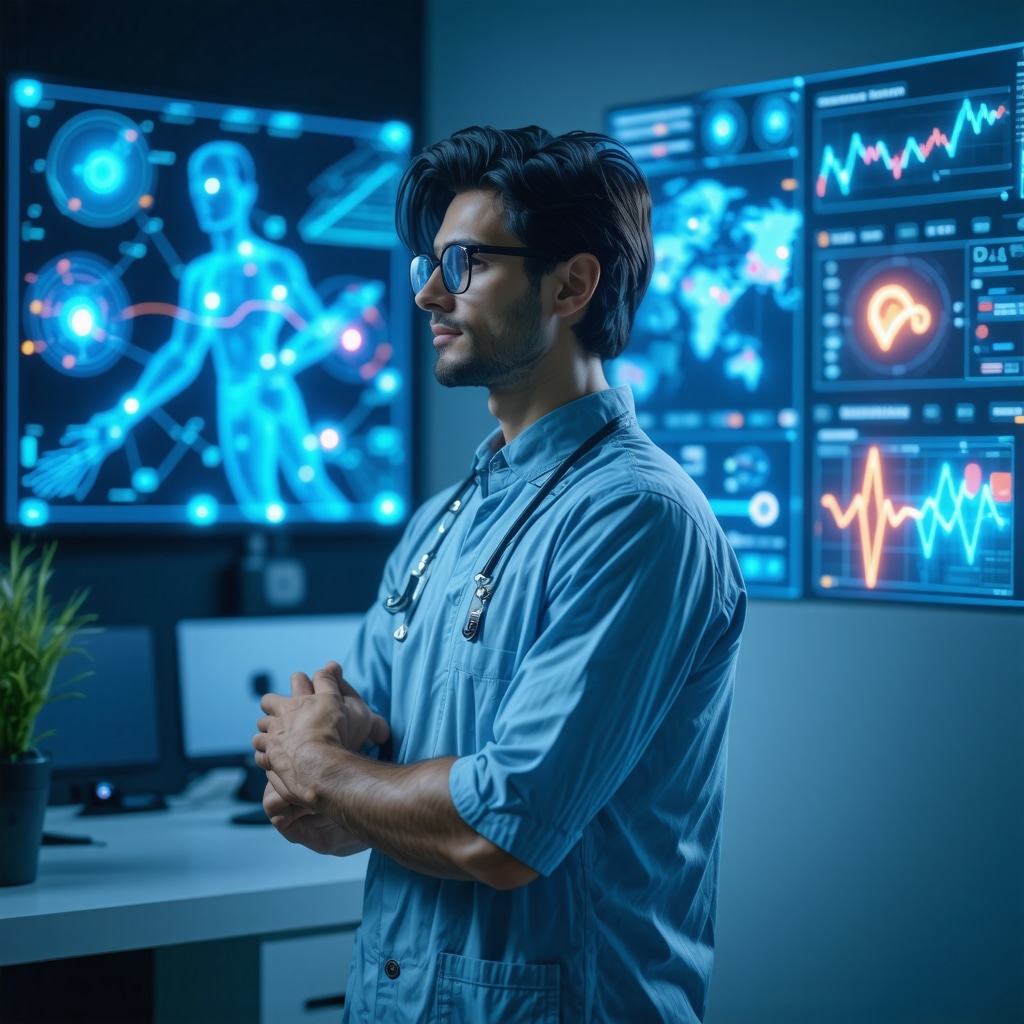 Patient using wearable device with digital holographic medical data displays illustrating personalized semaglutide therapy