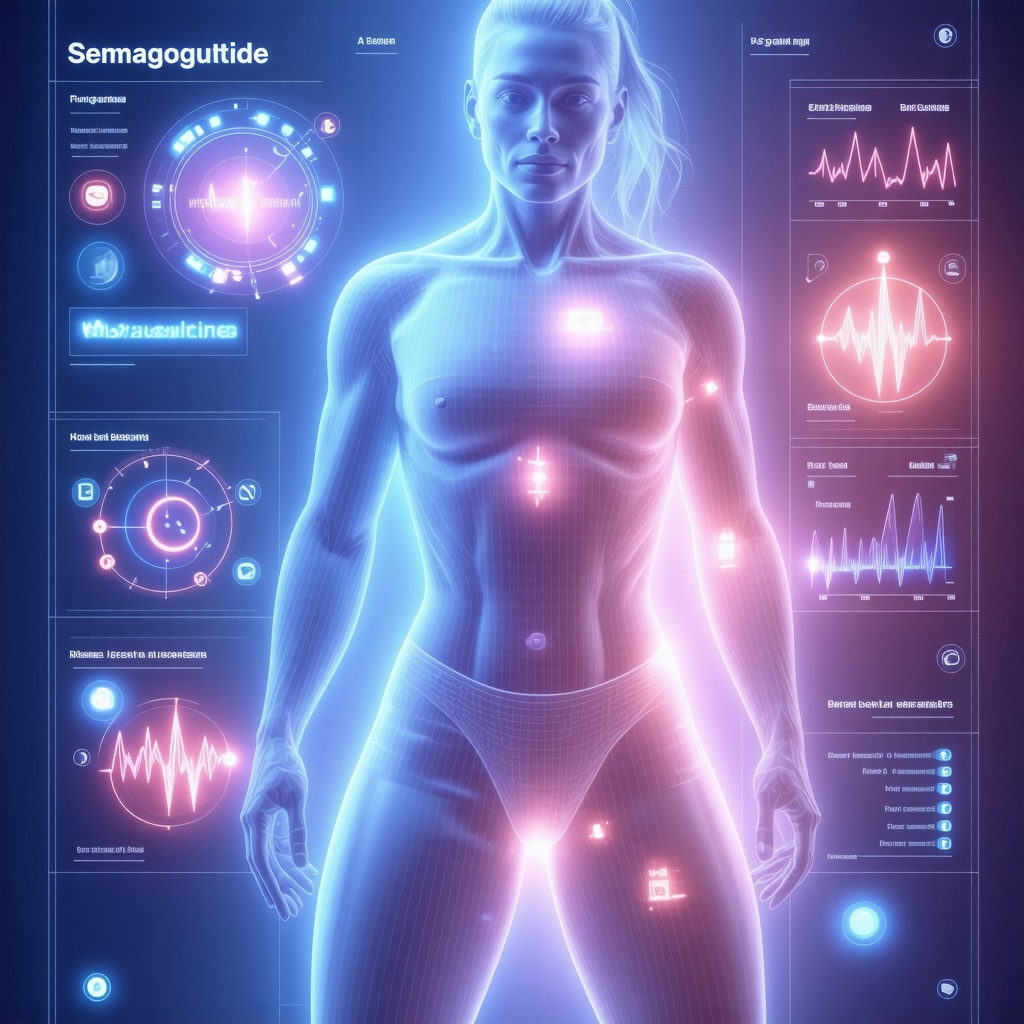 Futuristic digital dashboard showing semaglutide dosing personalized with patient genetic and biometric information