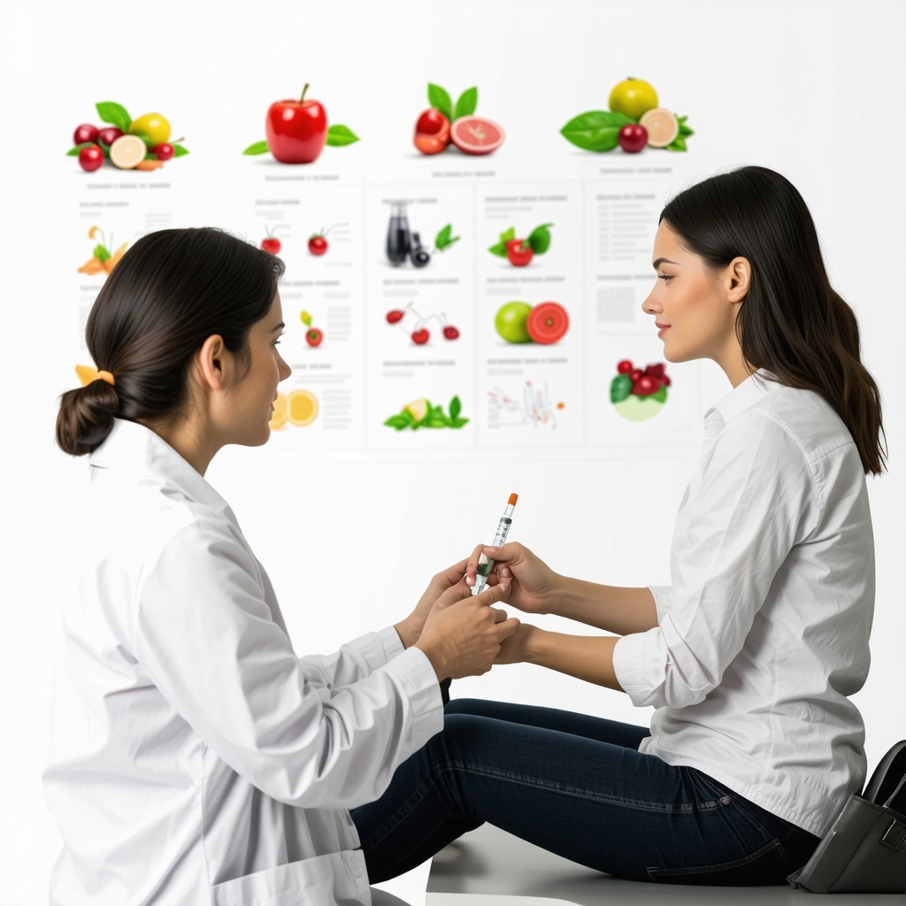 Medical professional teaching a patient about semaglutide injections in a clinical environment