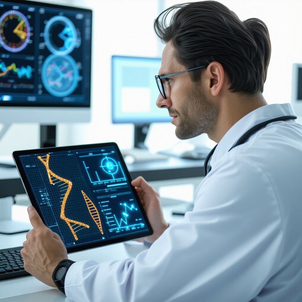 Doctor reviewing genetic data and circadian rhythm visuals during Semaglutide treatment consultation