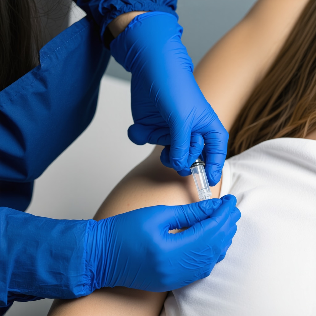 Healthcare professional showing proper semaglutide injection technique with needle angle and site rotation, alongside a smartphone app tracking injection schedule and site logs