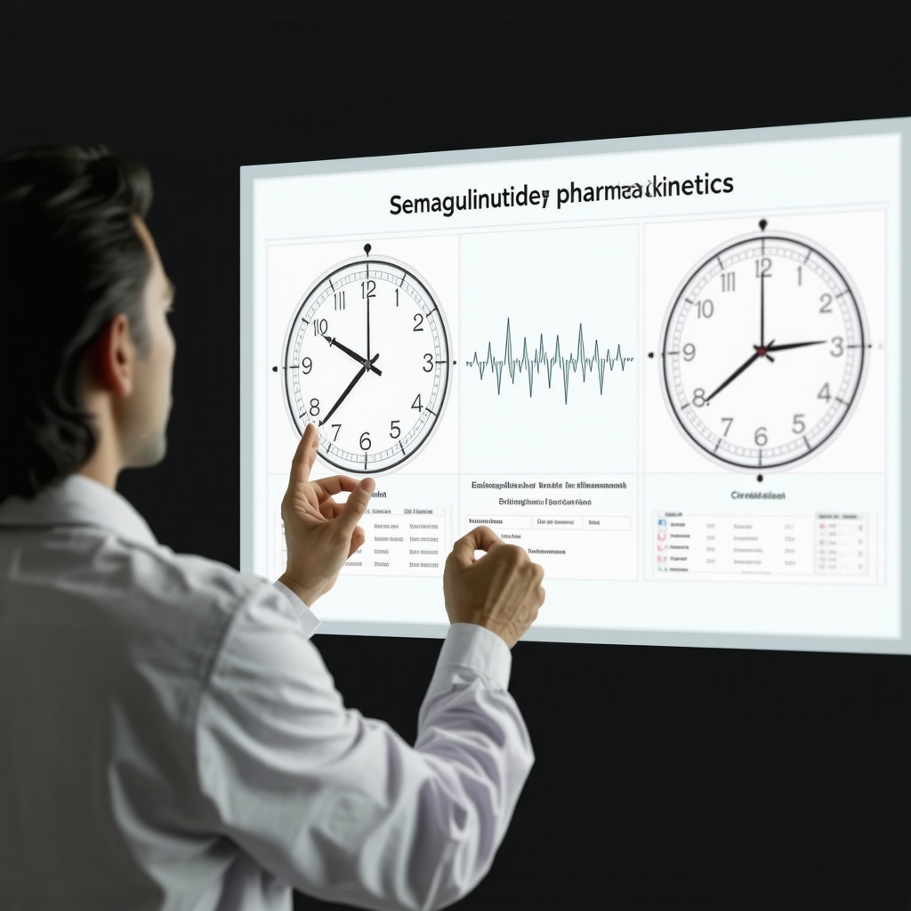 Endocrinologist showing semaglutide pharmacokinetics and circadian rhythm charts in clinical setting
