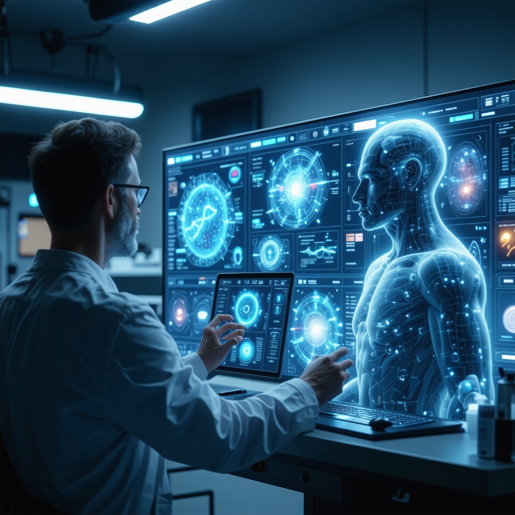 Physician interacting with AI interface displaying genetic and biometric data for semaglutide treatment