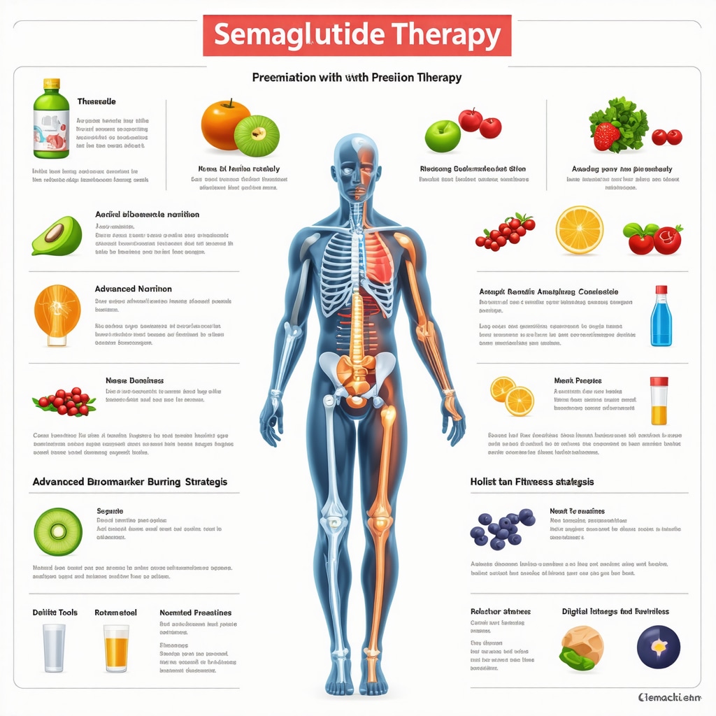 Infographic showing Semaglutide combined with personalized nutrition, biomarkers, fitness, and digital health for optimized weight loss