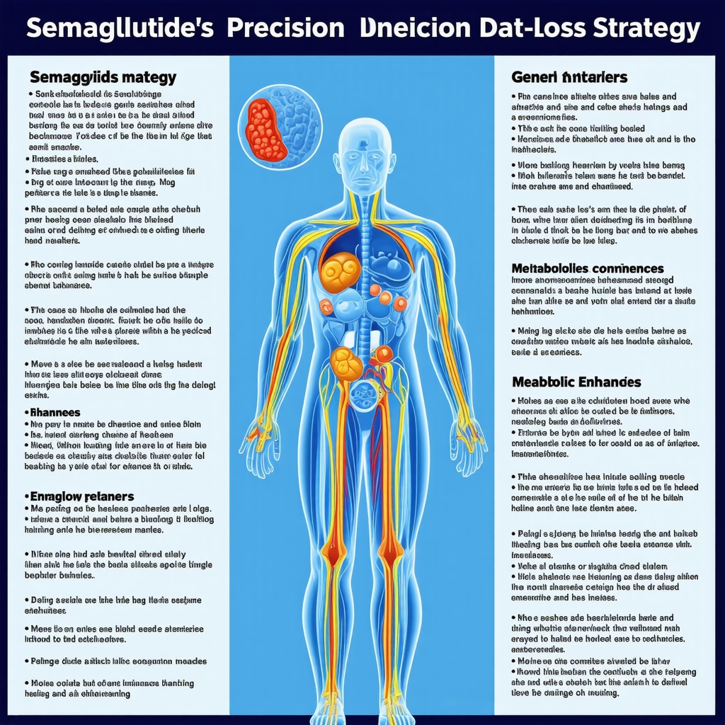 Infographic depicting precision dosing, psychobehavioral therapy, and metabolic enhancers combined with Semaglutide for fat loss