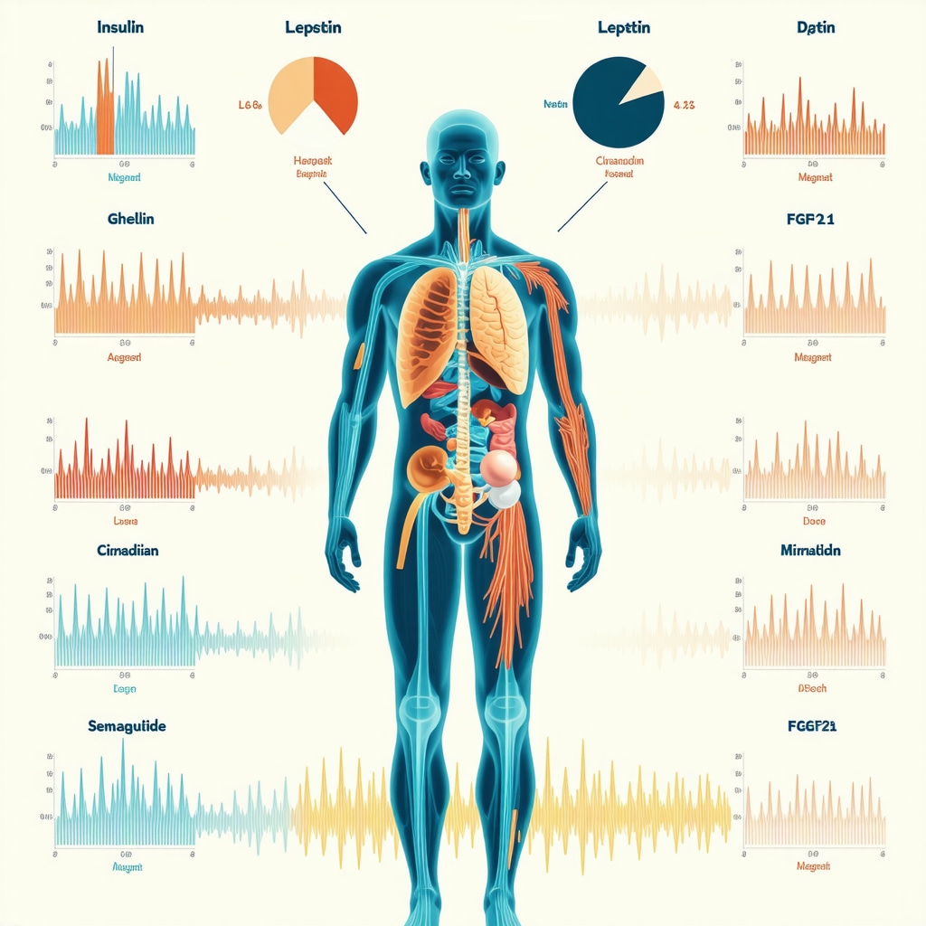 Infographic showing hormonal biomarkers and circadian rhythm alignment for optimized fat loss with semaglutide and intermittent fasting
