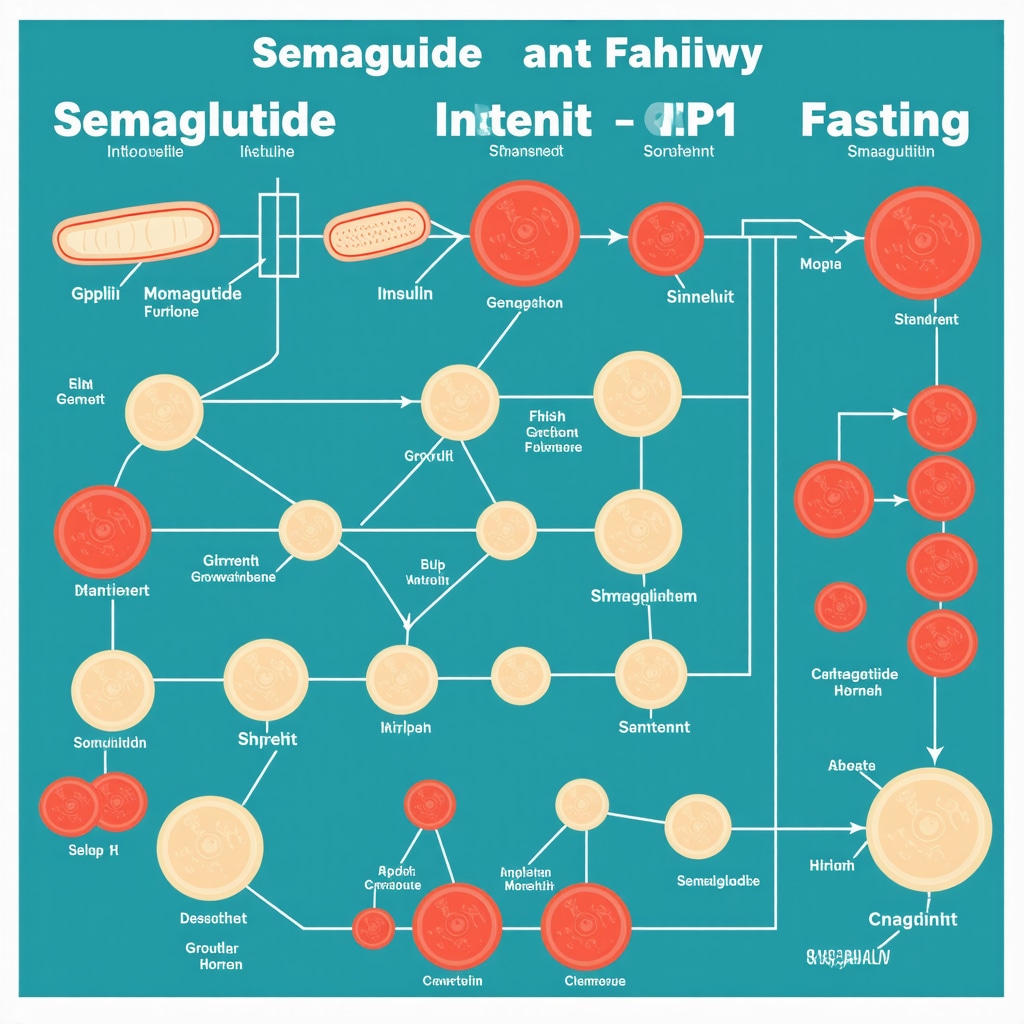 Infographic showing detailed hormonal interactions of semaglutide and intermittent fasting with insulin, GLP-1, ghrelin, and growth hormone pathways
