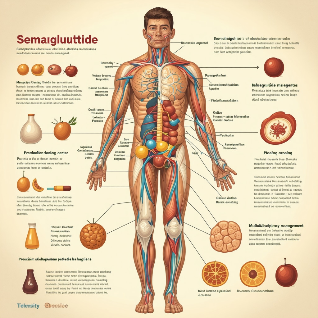 Diagram showing semaglutide's effects on brain appetite centers and multidisciplinary care integration