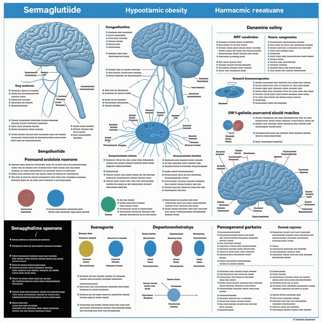 Diagram showing semaglutide's modulation of appetite and reward circuits and genetic influence on treatment efficacy
