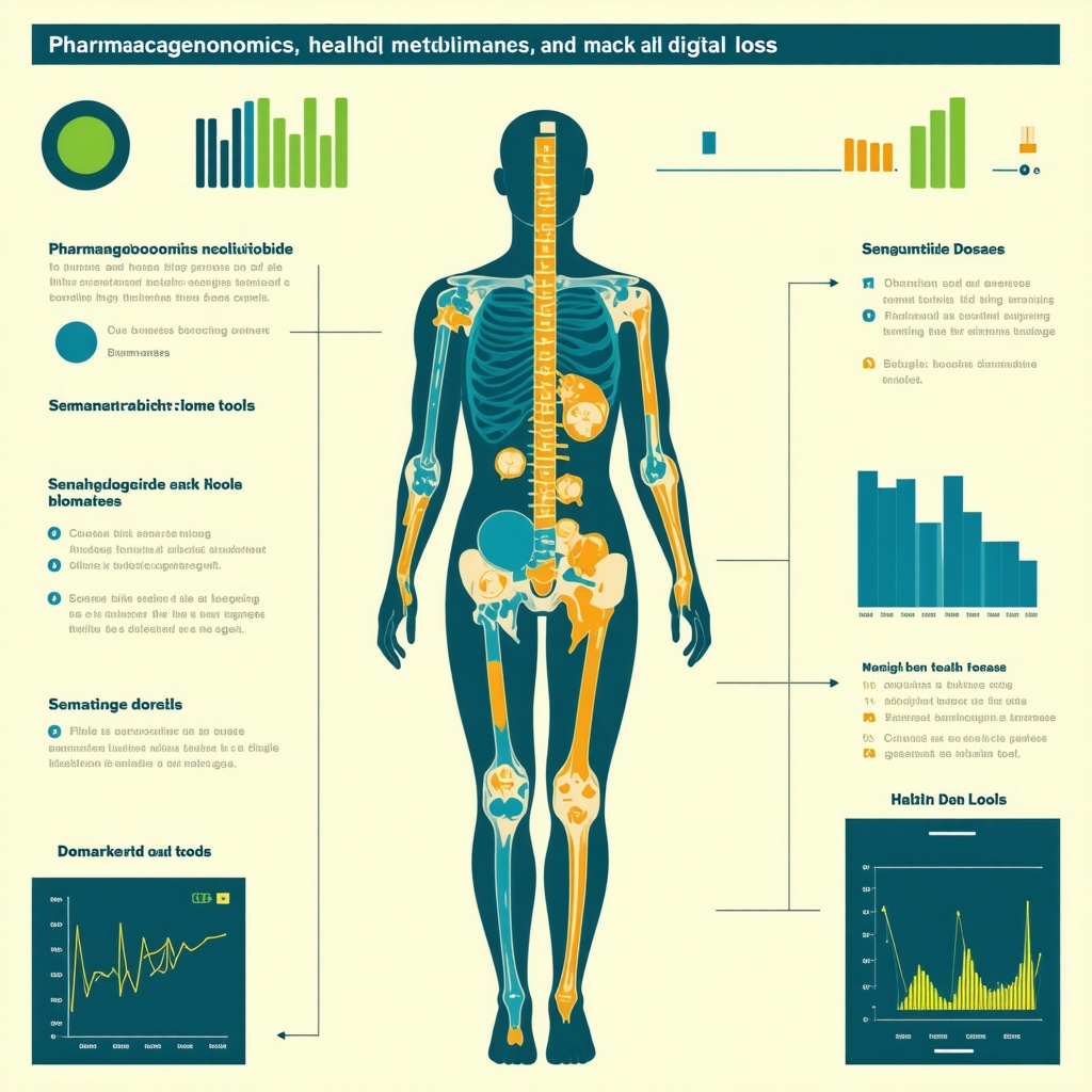 Infographic illustrating pharmacogenomic markers, metabolic biomarker charts, and digital health monitoring tools for semaglutide dosage optimization