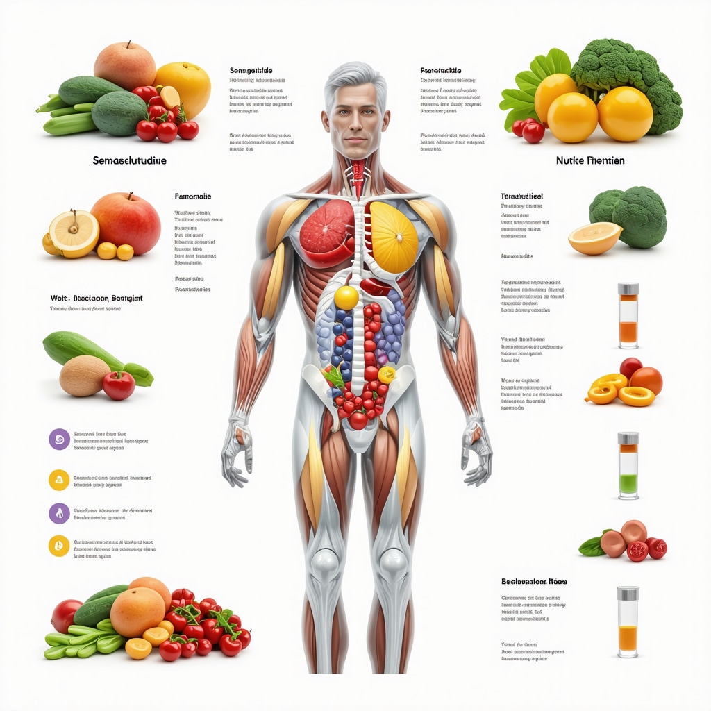 Detailed infographic depicting customized diet and behavioral strategies synergizing with semaglutide for weight loss