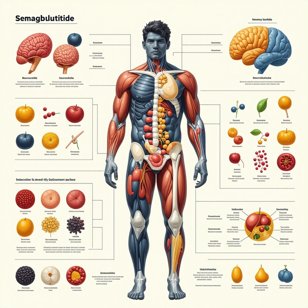 Diagram showing interaction of semaglutide, fasting, genetics, and microbiome on weight loss