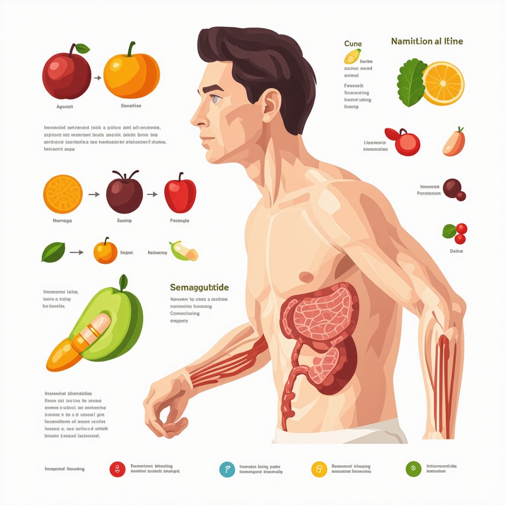 Infographic showing semaglutide effects on metabolism combined with fasting and behavioral therapy for weight loss