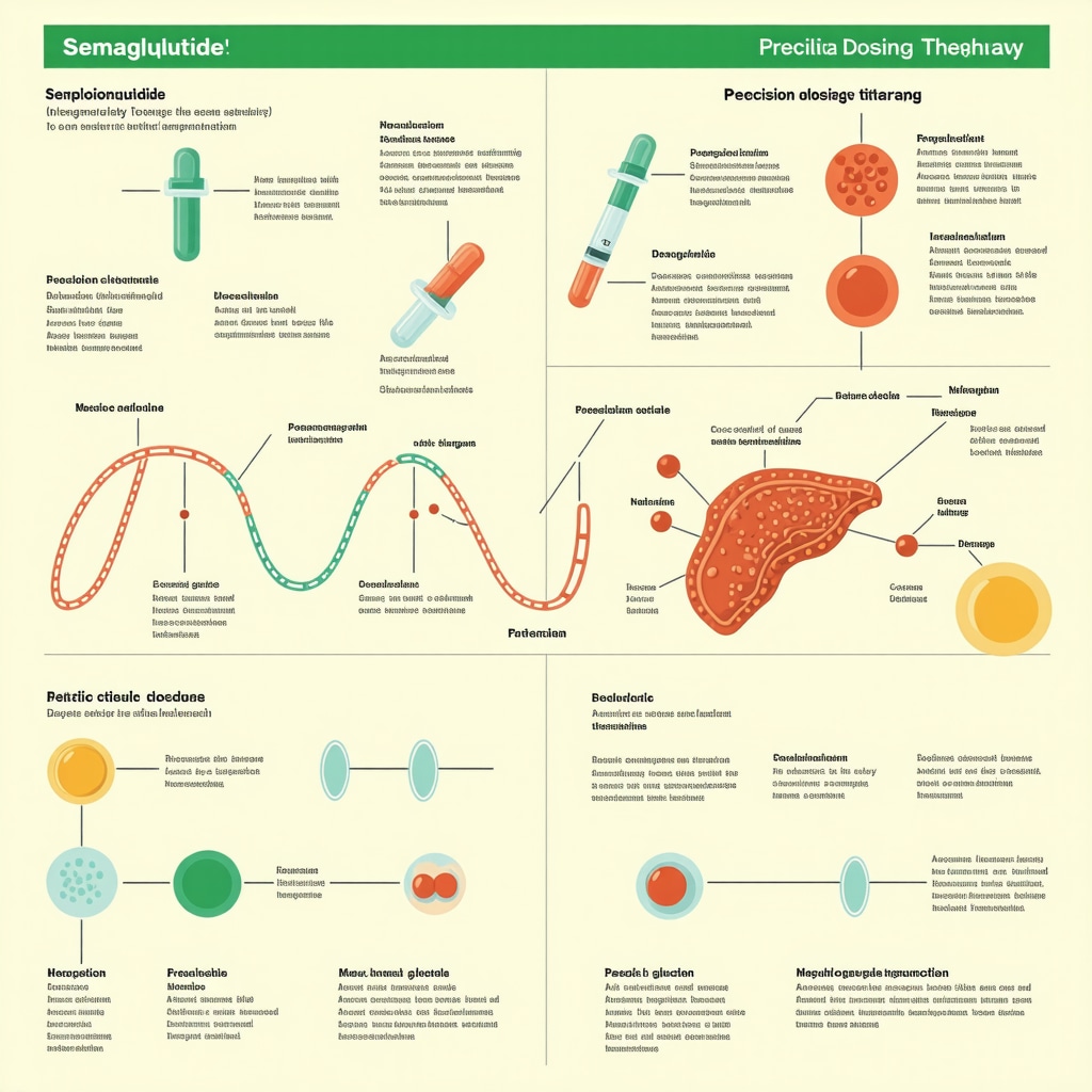 Infographic showing semaglutide dosing schedules, metabolic effects, and psychological support in weight loss
