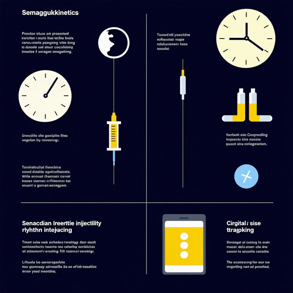 Diagram showing semaglutide injection sites, circadian rhythm effects, and digital health monitoring tools