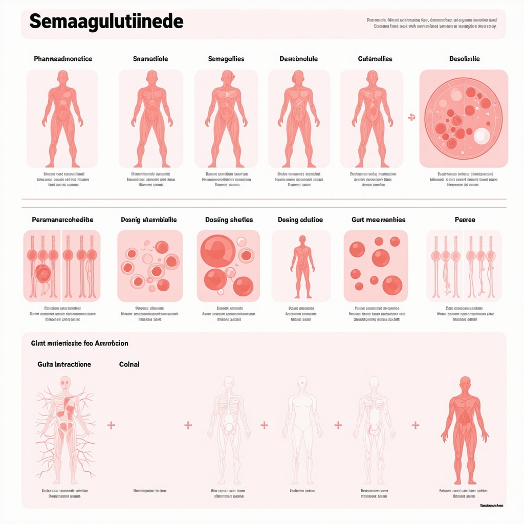 Diagram showing Semaglutide's absorption, dose escalation, and microbiota modulation effects in obesity treatment