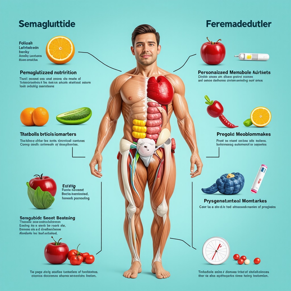 Infographic illustrating semaglutide's role combined with personalized diet and biomarker assessment in obesity management