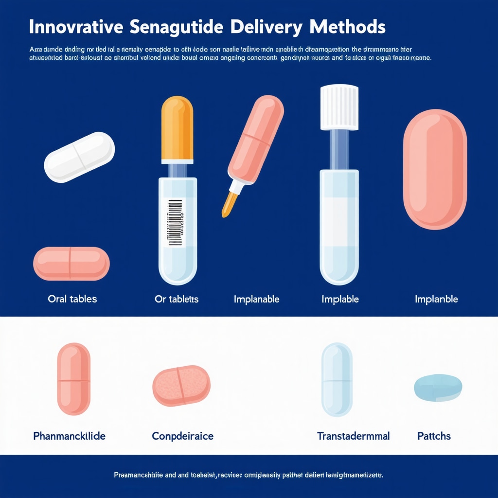 Infographic illustrating oral, implantable, and transdermal semaglutide delivery methods for obesity management