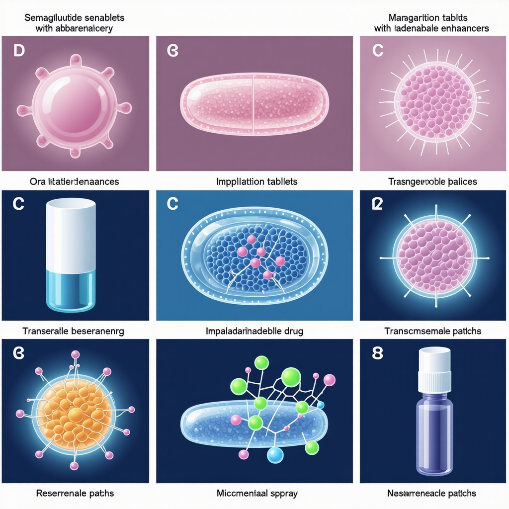 Diagram of oral, implantable, transdermal, and nasal semaglutide delivery technologies