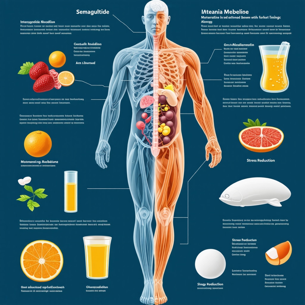 Infographic showing Semaglutide fat loss enhanced by gut microbiome, circadian nutrition, stress management, and sleep