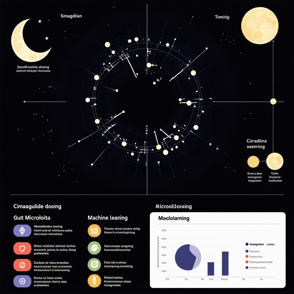 Infographic depicting circadian rhythm influence on semaglutide, gut microbiota prebiotic interactions, and AI-based personalized diet optimization