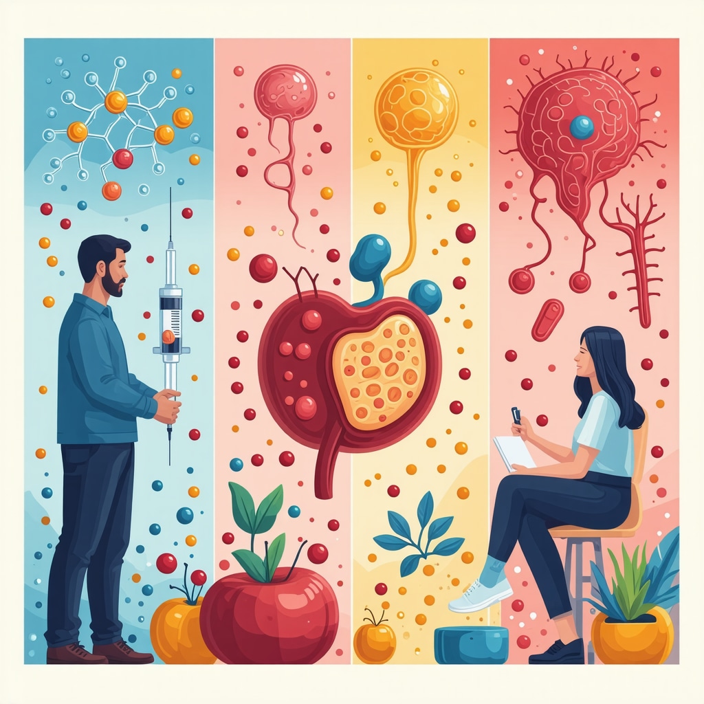 Illustration depicting semaglutide treatment combined with gut microbiome modulation and behavioral therapy for enhanced weight loss