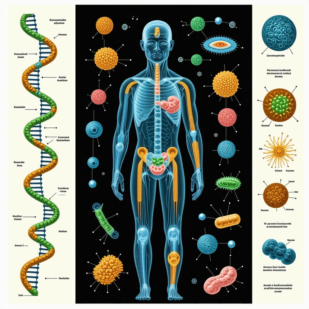Conceptual image depicting AI, human metabolism, DNA, and gut microbiome integration for semaglutide optimization