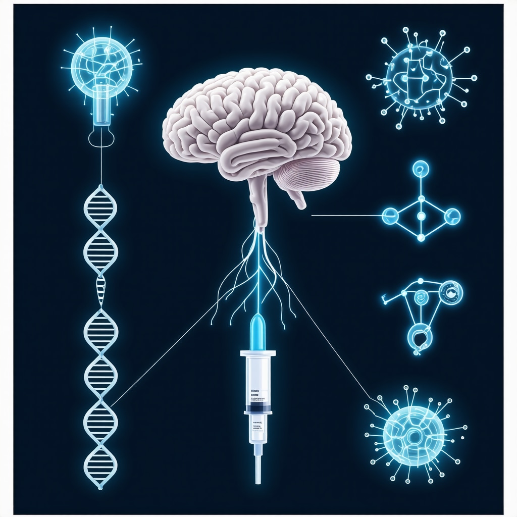 Conceptual illustration of personalized semaglutide treatment combining genetics, brain pathways, and AI technologies