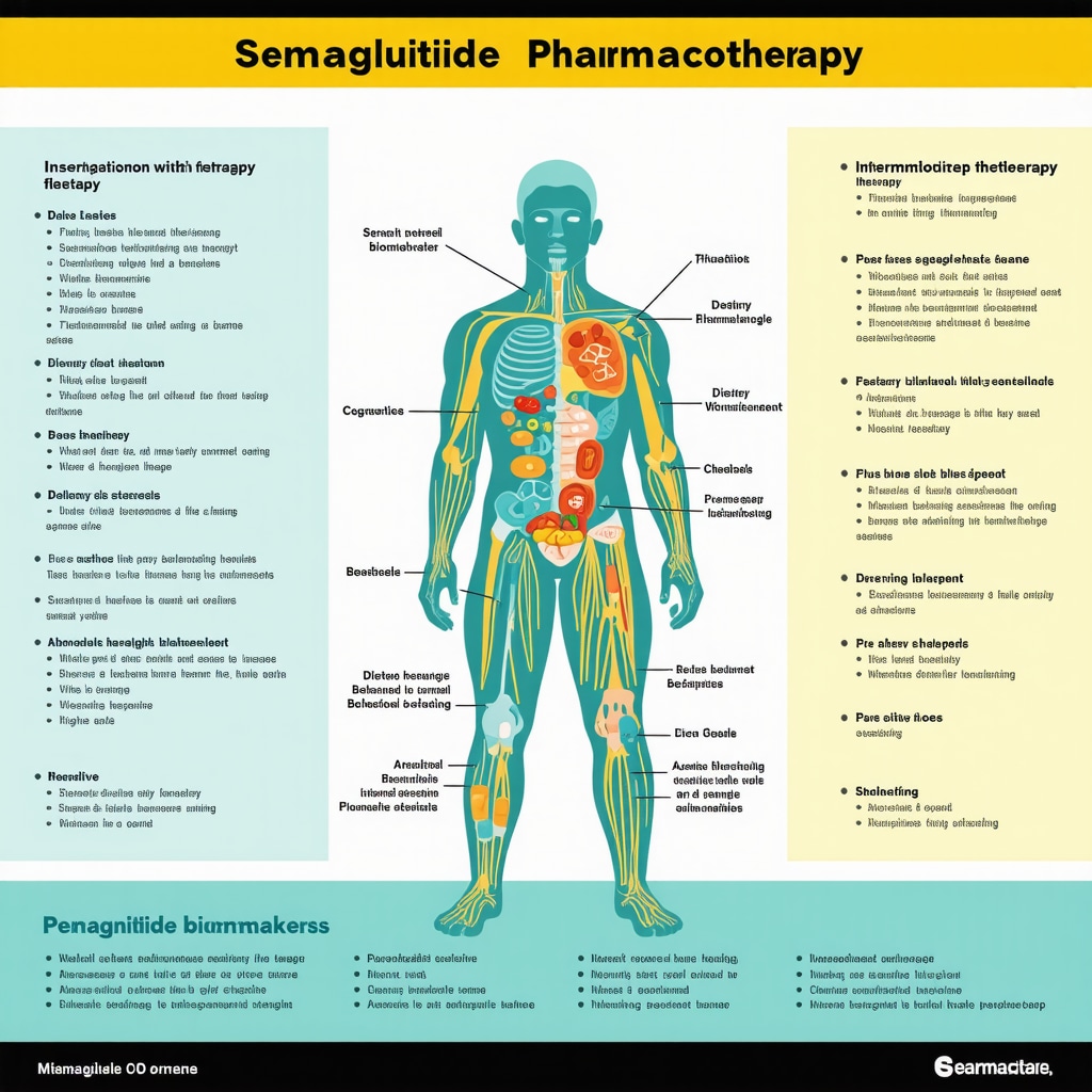 Infographic showing semaglutide treatment aligned with biomarkers, intermittent fasting, and CBT for weight loss