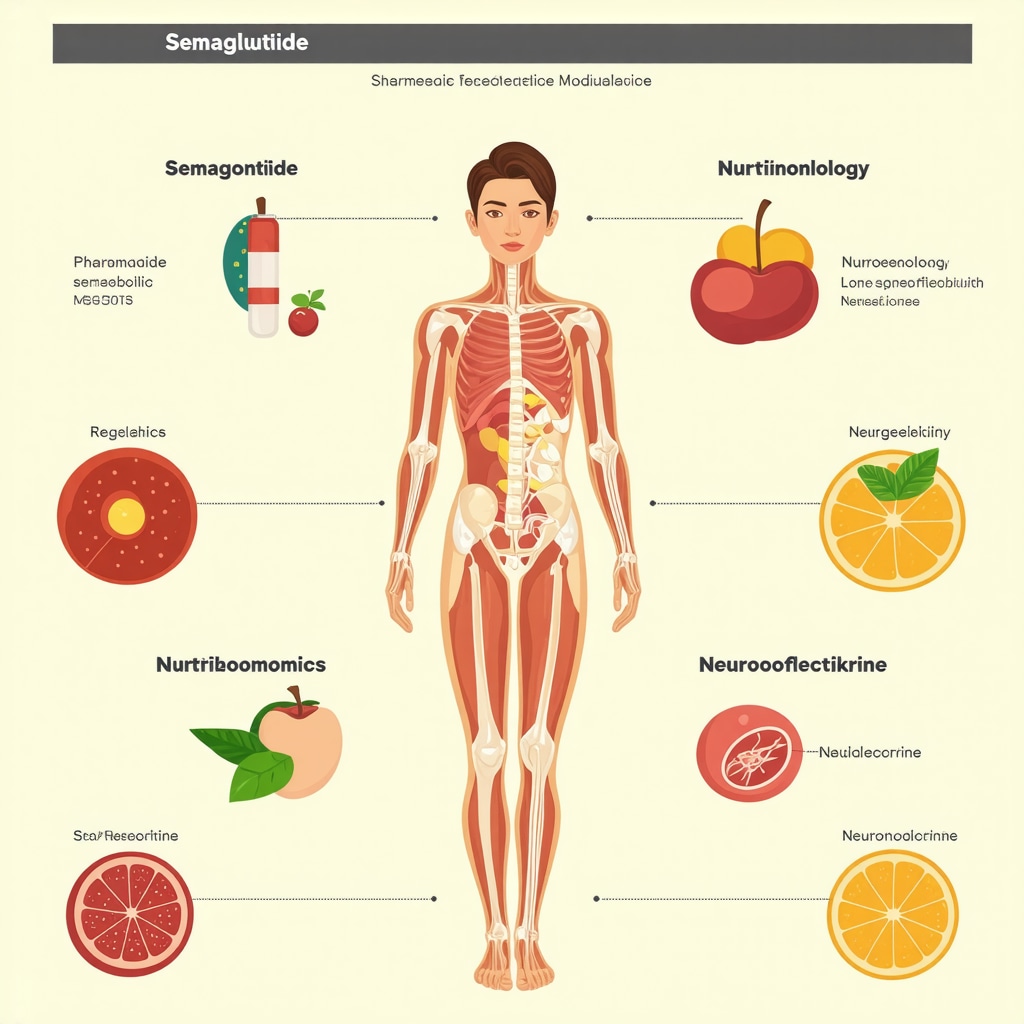 Infographic showing semaglutide mechanisms combined with personalized nutrition and hormone balance for fat burning