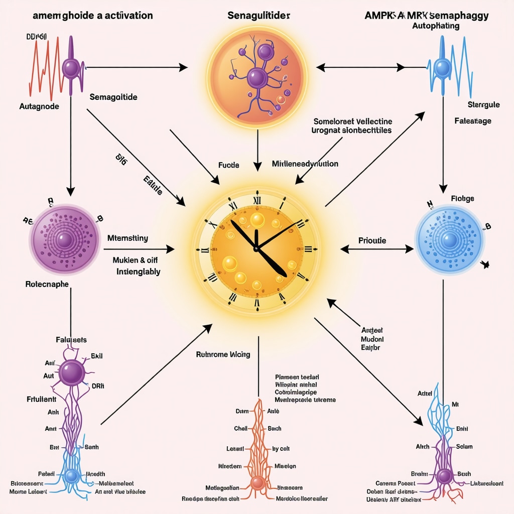 Diagram illustrating Semaglutide's activation of AMPK and autophagy pathways during intermittent fasting with circadian rhythm context
