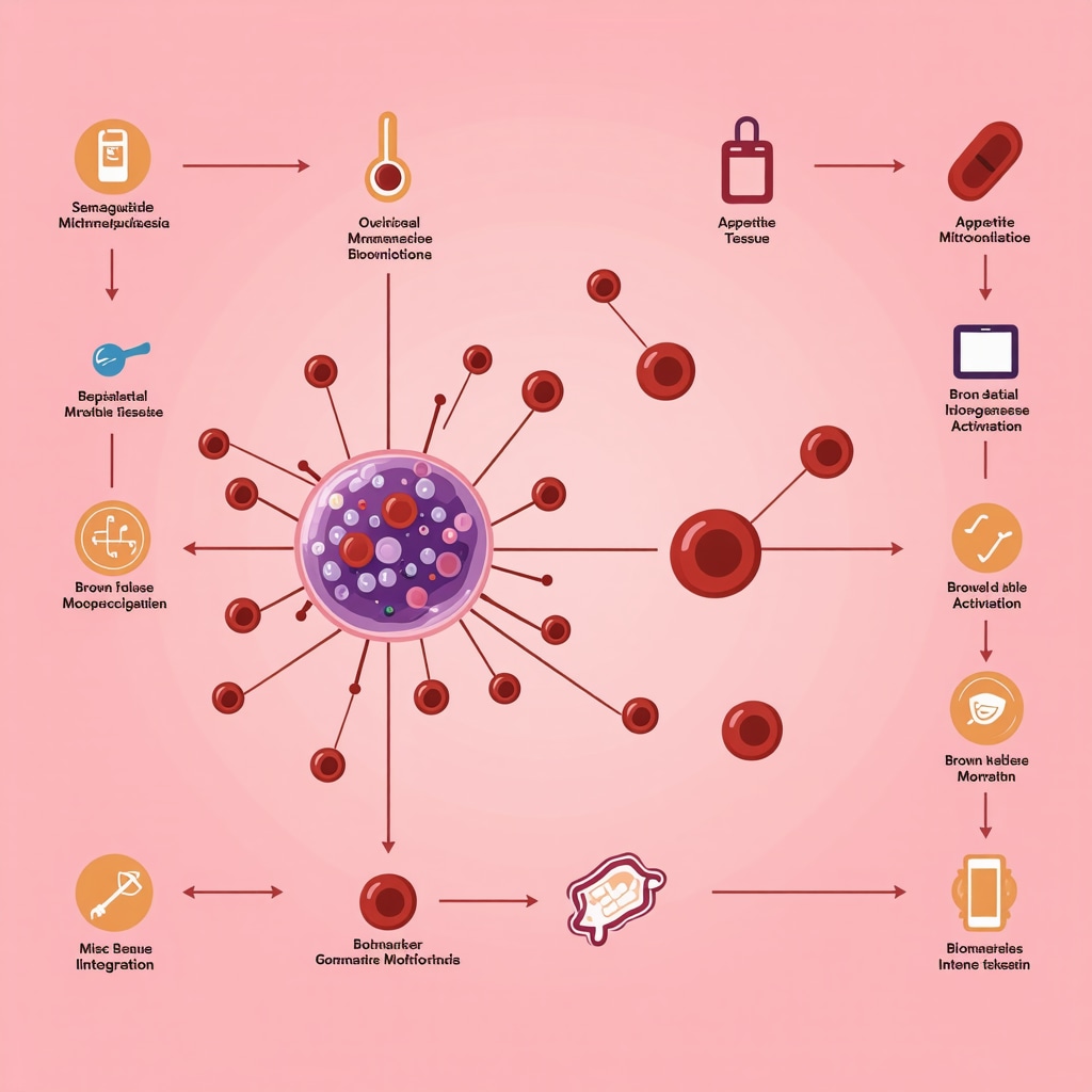 Infographic showing semaglutide's multifaceted mechanisms, biomarkers, and digital health tools for personalized fat loss