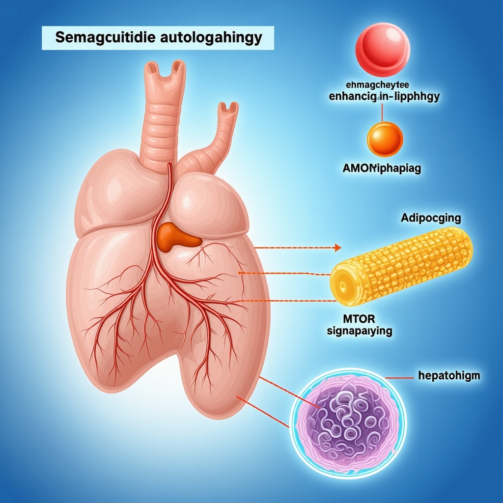 Infographic showing Semaglutide's enhancement of autophagy and lipophagy via AMPK and mTOR pathways during fasting