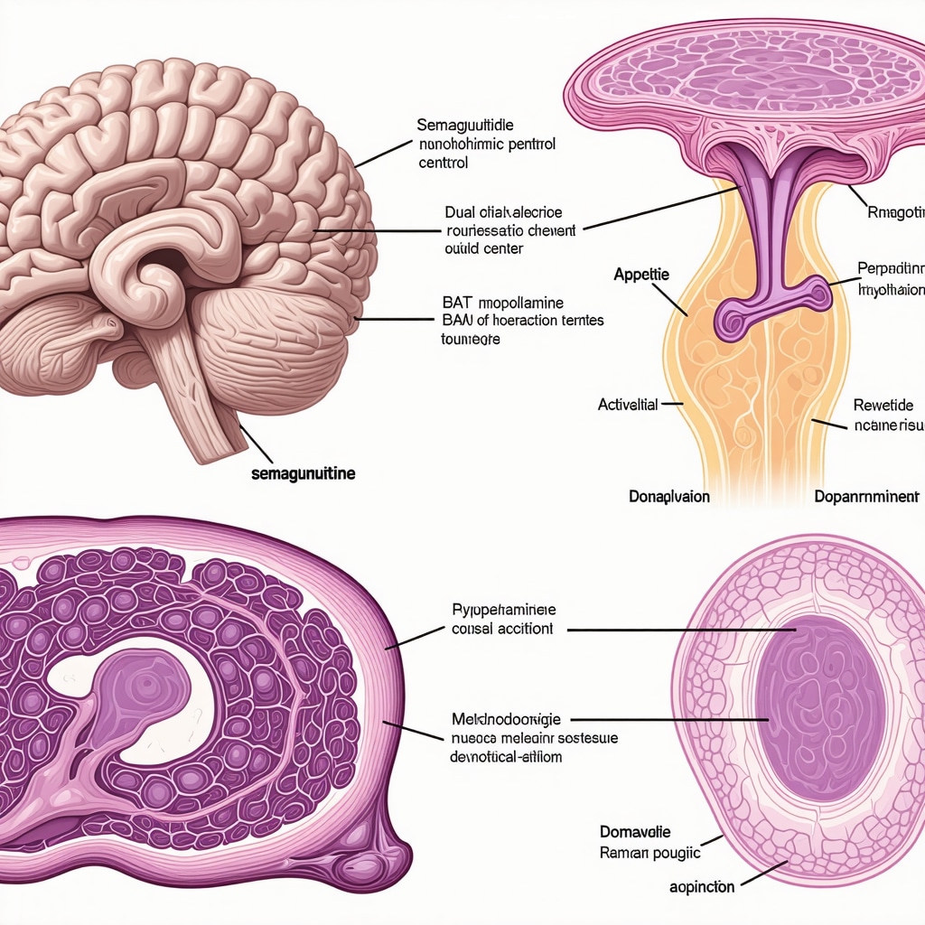 Diagram illustrating semaglutide's action on brain appetite centers and metabolic tissues enhancing weight loss