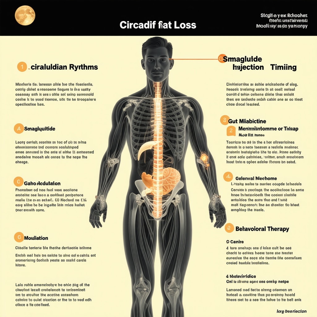 Infographic showing circadian rhythm aligned semaglutide injections, gut microbiome enhancement, and cognitive-behavioral strategies for weight loss optimization