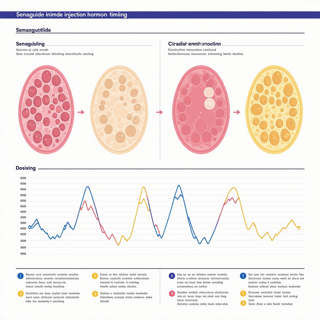 Infographic showing Semaglutide injection timing synchronized with circadian cycles, genetic factors, and digital health monitoring tools