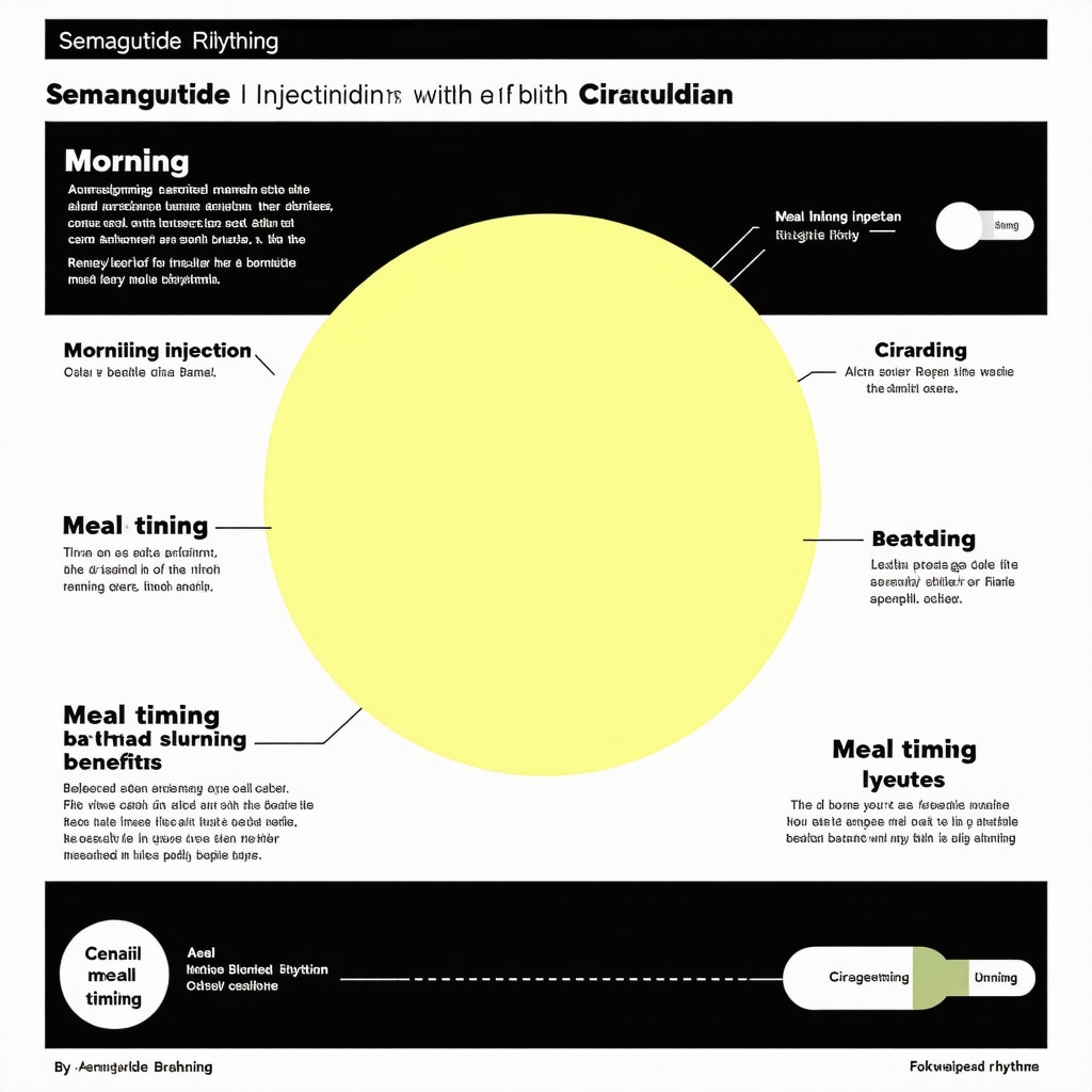 Infographic showing semaglutide injection timing aligned with circadian rhythms and meal timing for enhanced fat burn