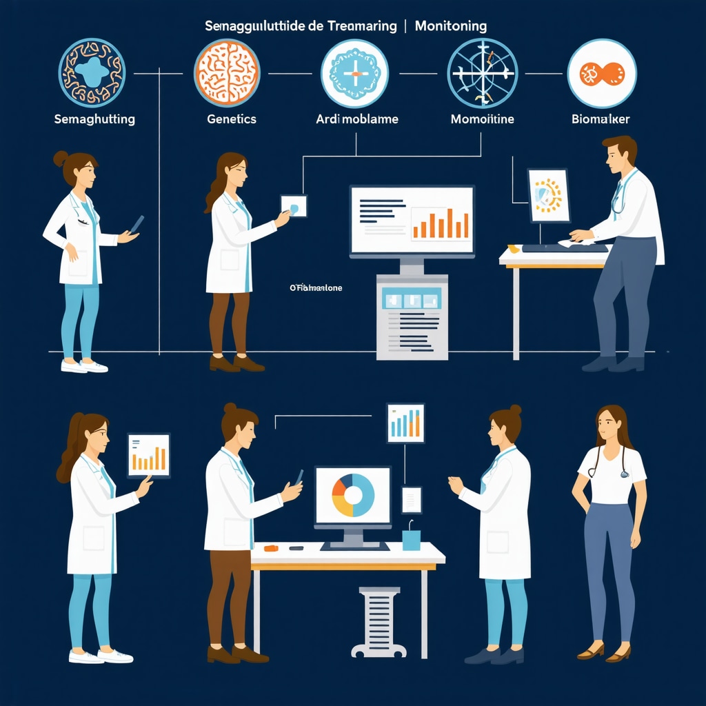 Infographic showing the integration of genetics, microbiome, and biomarkers in personalized semaglutide weight loss treatment