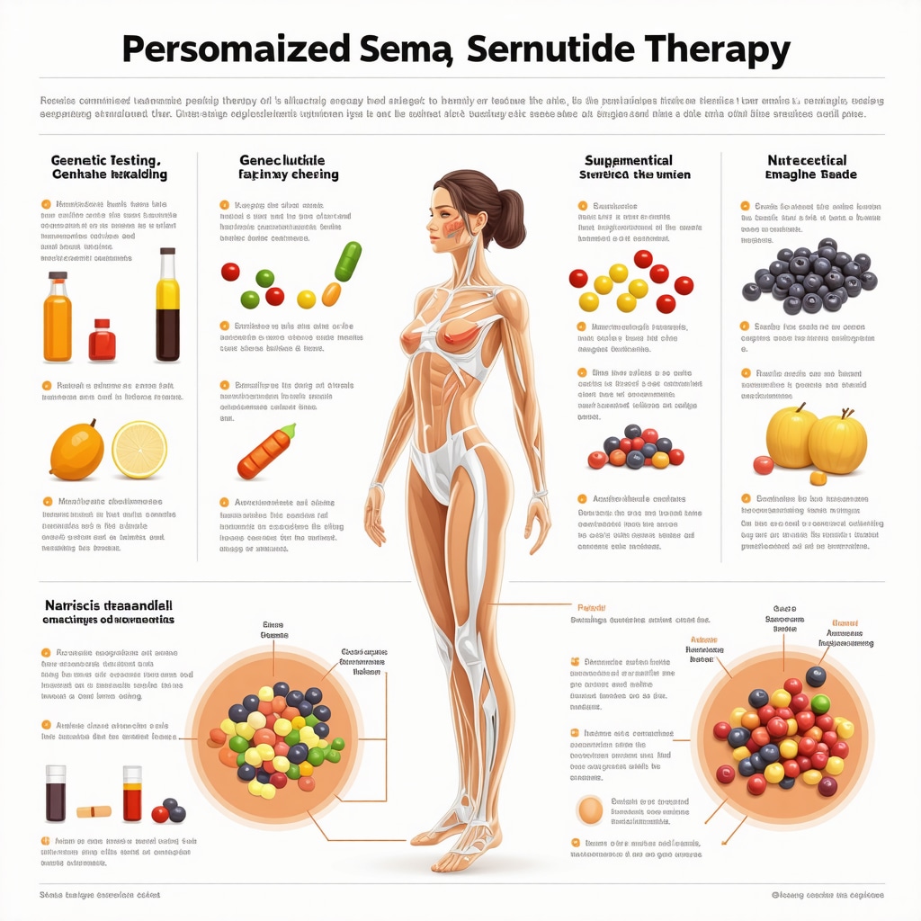 Infographic showing genetic markers, supplements, and exercise plans integrated with semaglutide treatment for weight loss