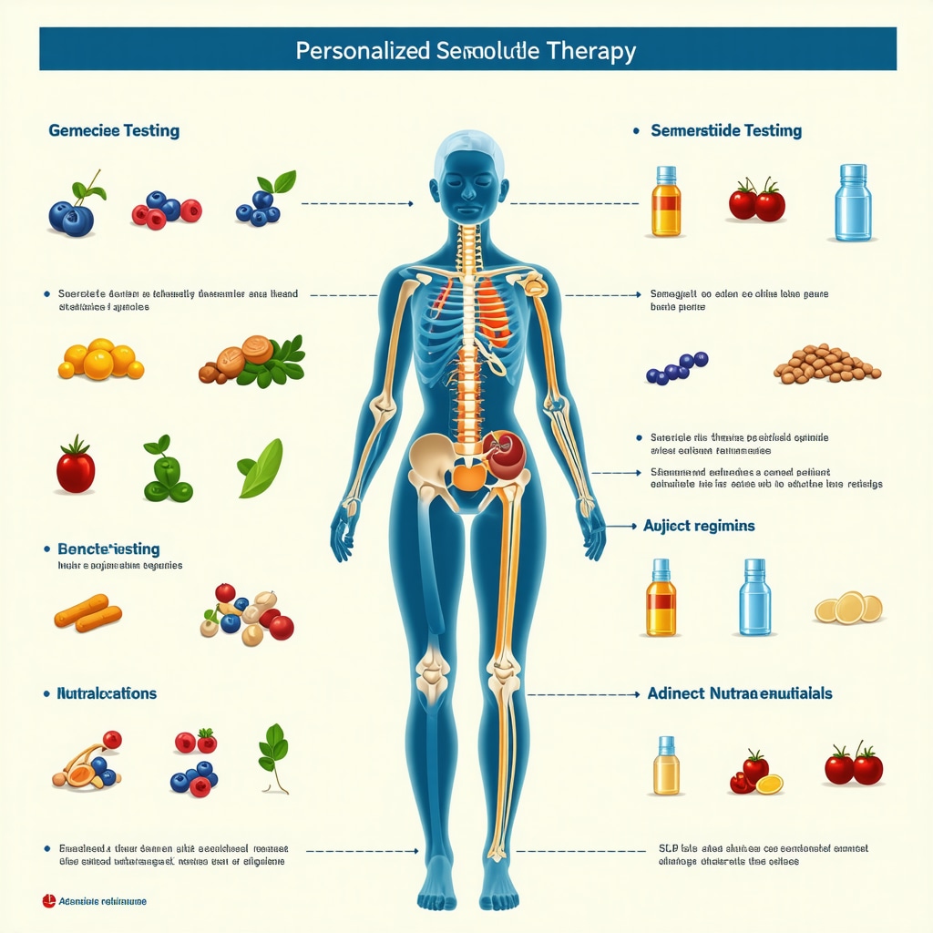 Infographic showing personalized semaglutide treatment combining genetics, exercise, and supplements for optimized fat loss
