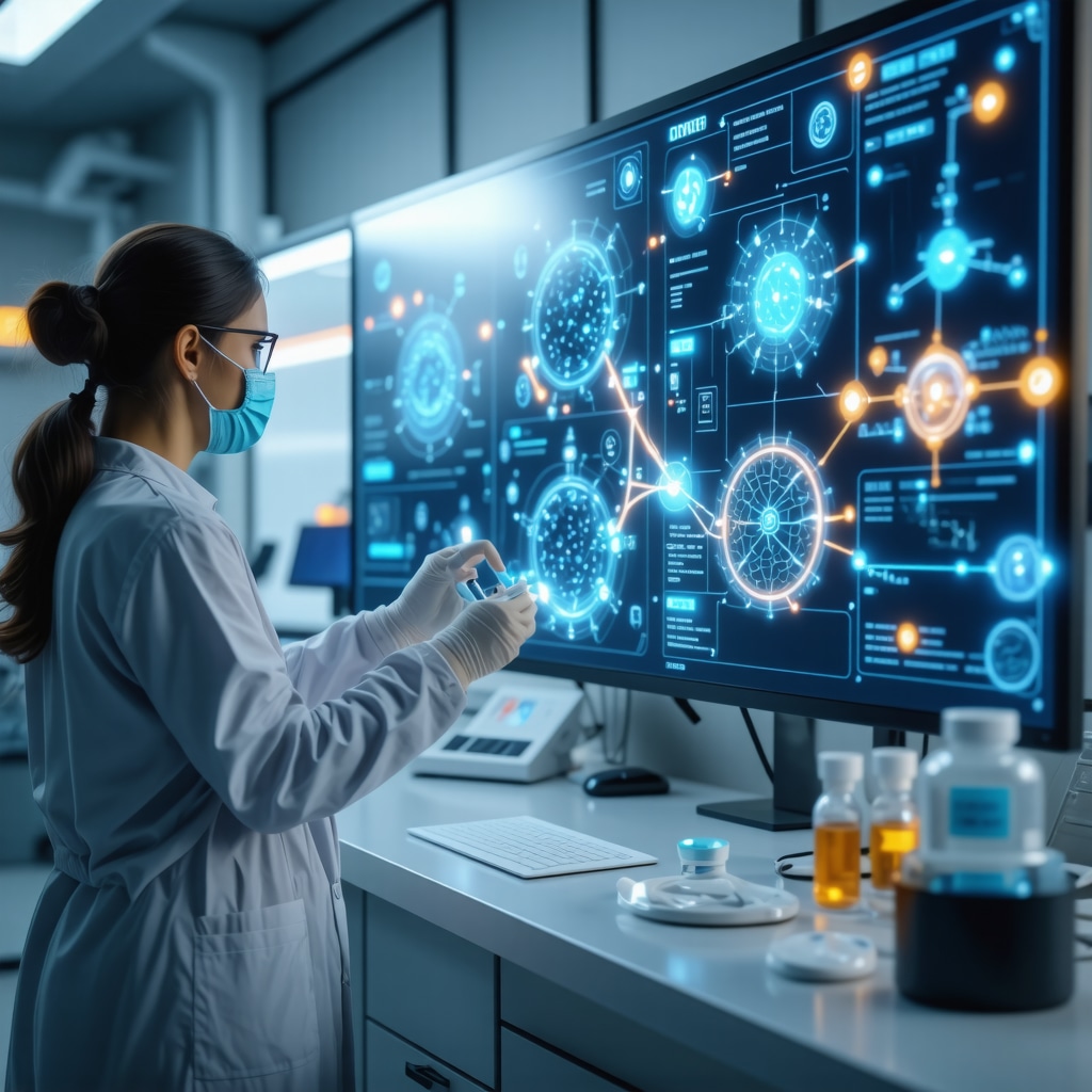 Healthcare professional reviewing genomic and pharmacokinetic data on digital screens while patient receives semaglutide injection