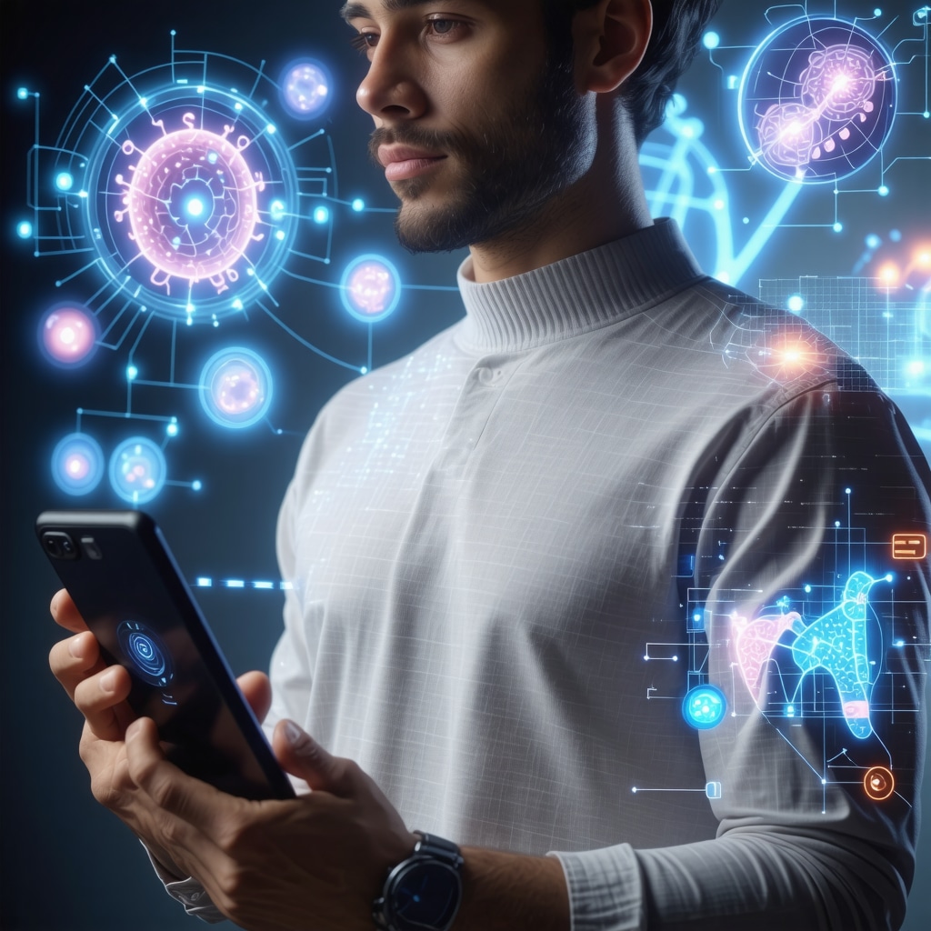Patient using wearable health technology displaying genetic and microbiome data for customized semaglutide treatment