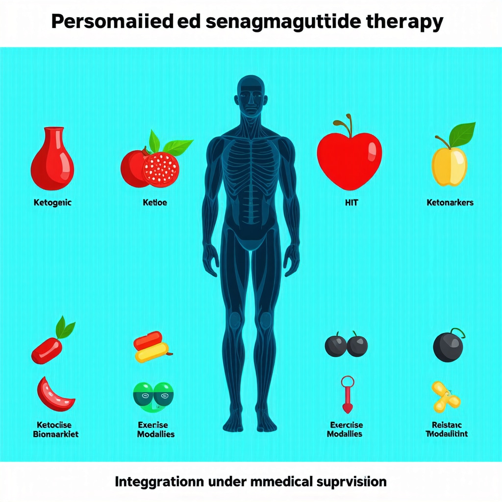 Infographic showing personalization of semaglutide treatment using biomarkers, ketogenic diet, HIIT, resistance training, and medical supervision