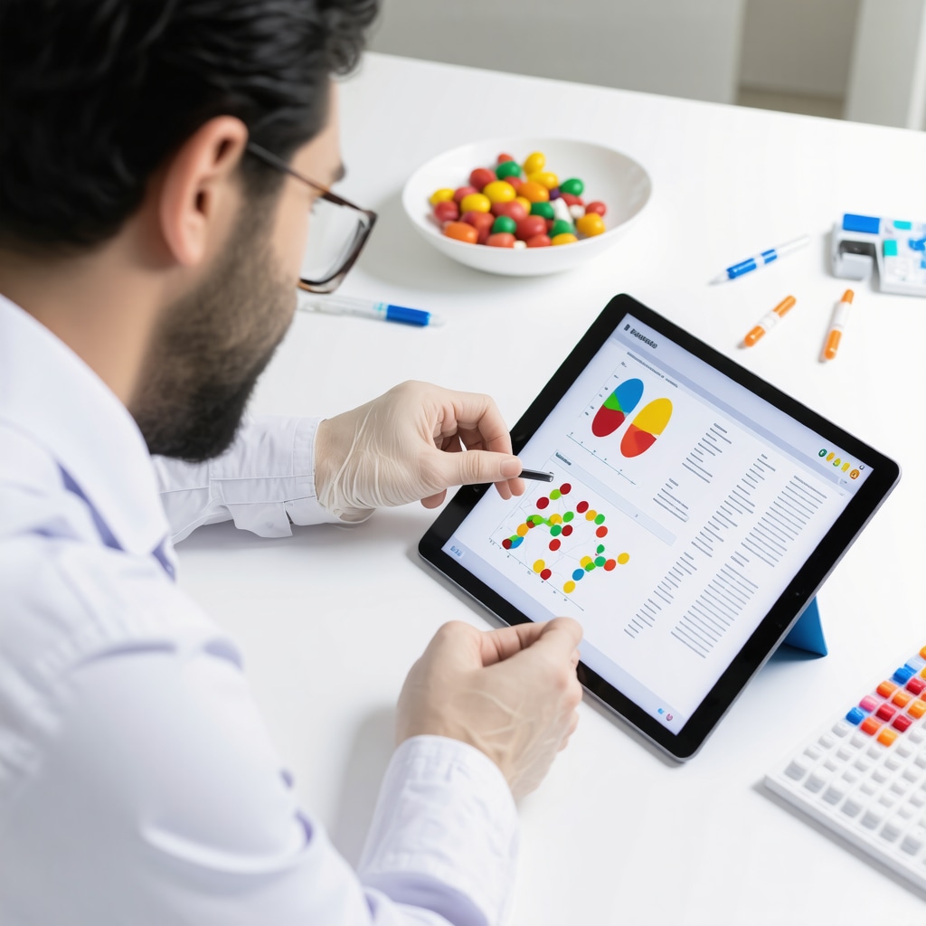 Clinician analyzing metabolic biomarker data with semaglutide injections and diet plan on table