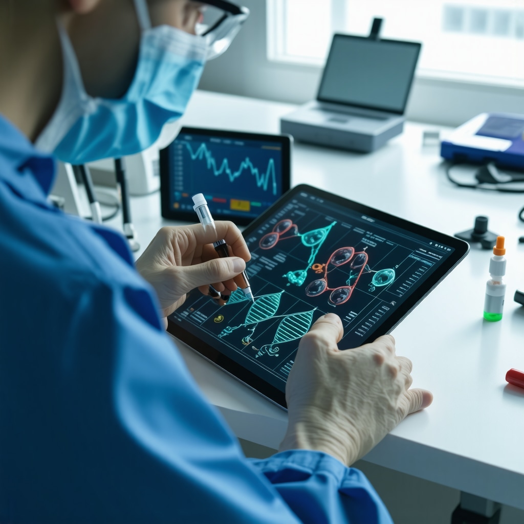 Doctor analyzing genetic and metabolic data on tablet alongside semaglutide injection pen for tailored obesity treatment
