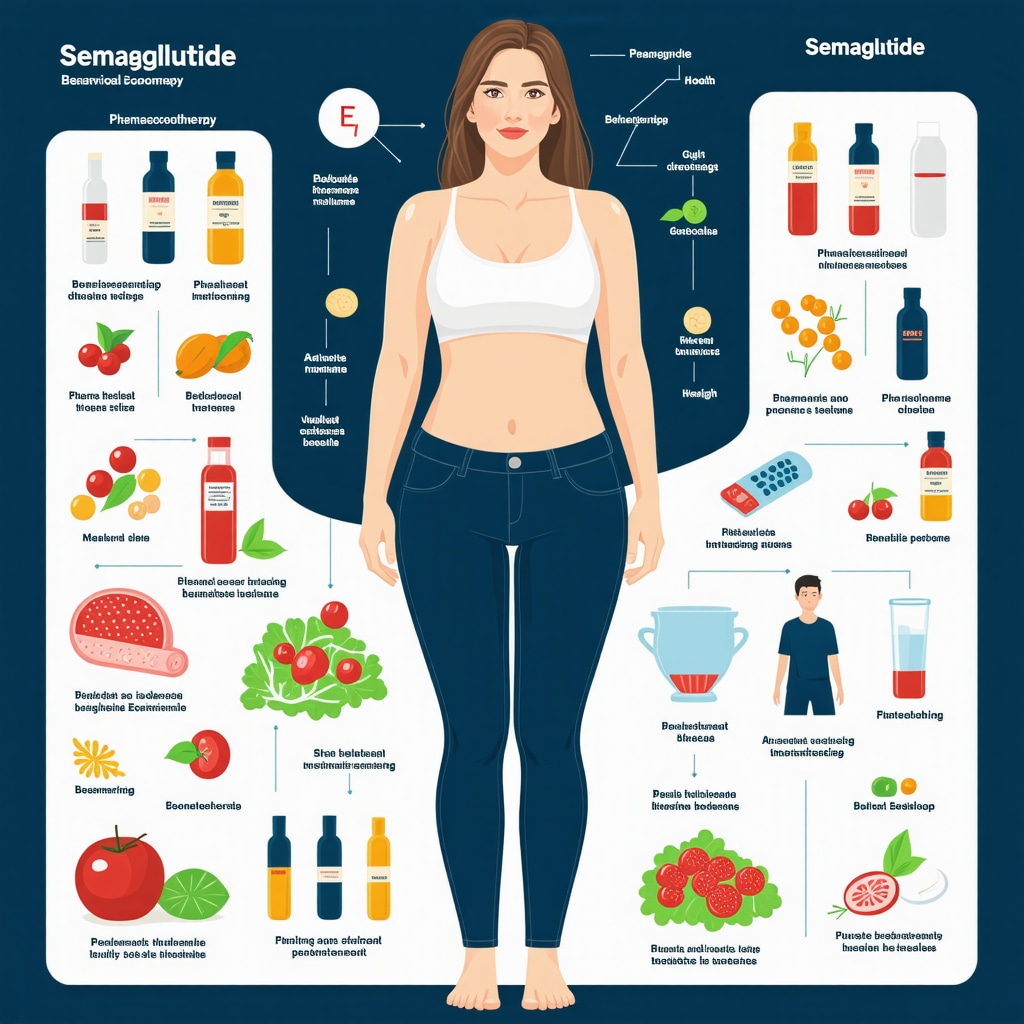 Infographic showing personalized Semaglutide treatment plans combining drug therapy, digital health, behavioral strategies, and gut microbiota effects