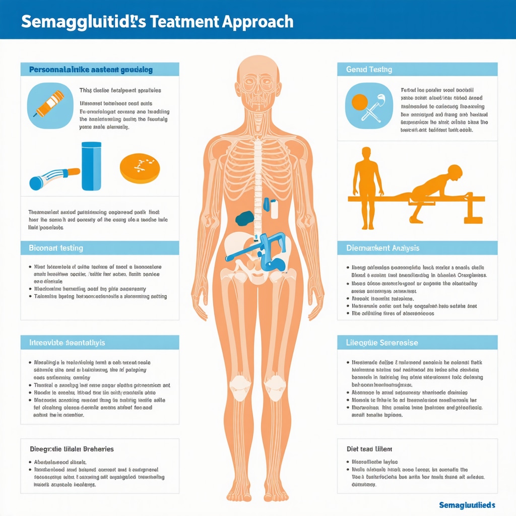 Infographic illustrating personalized semaglutide therapy combining genetic testing, biomarkers, and lifestyle interventions for optimized weight loss.