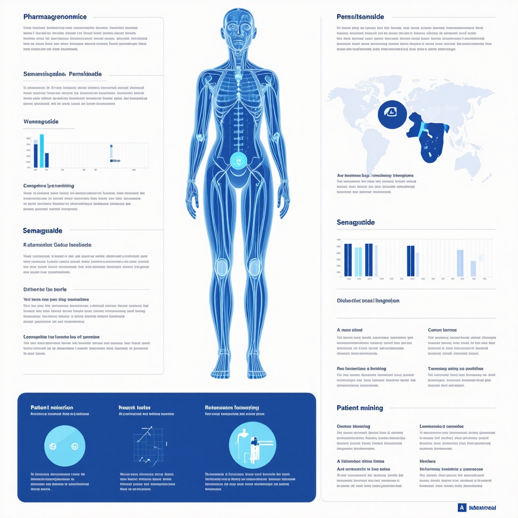 Infographic showing genetic markers, AI data integration, and patient monitoring in personalized semaglutide weight loss treatment