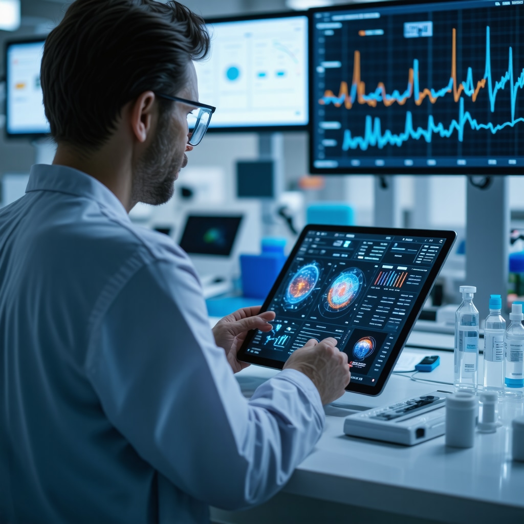 Doctor reviewing patient genomic and biomarker data for semaglutide treatment optimization in a high-tech clinical setting