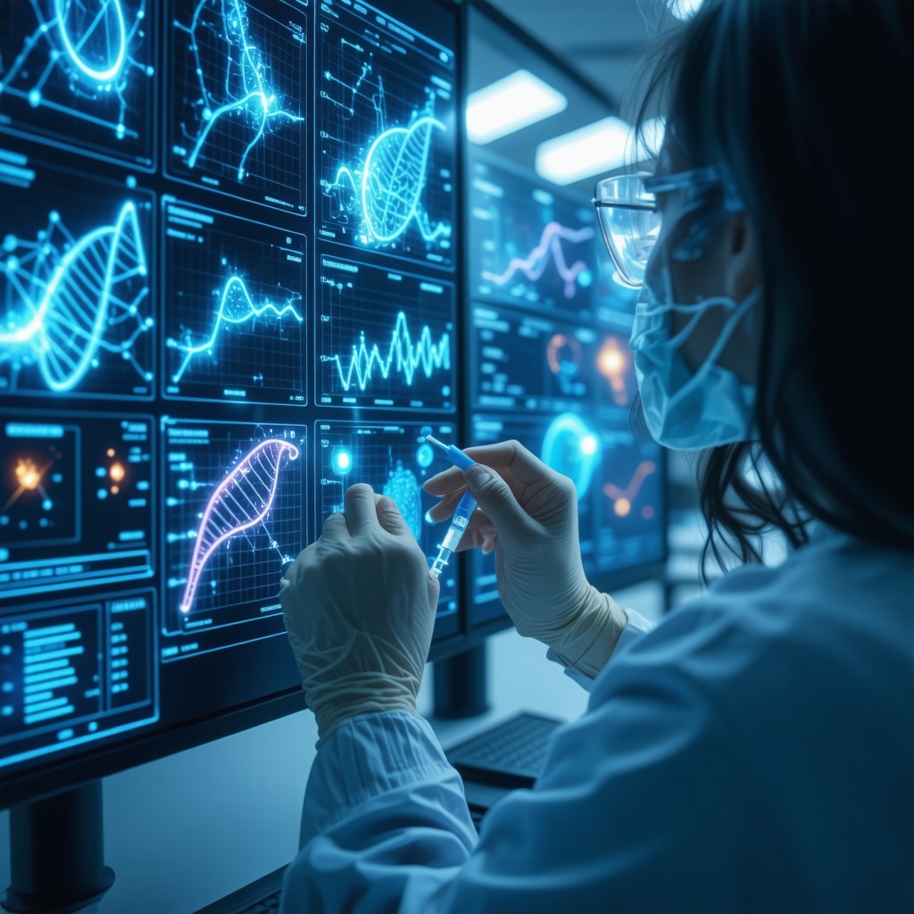 Healthcare professional reviewing genomic and metabolic data with patient receiving semaglutide injection in advanced clinical setting